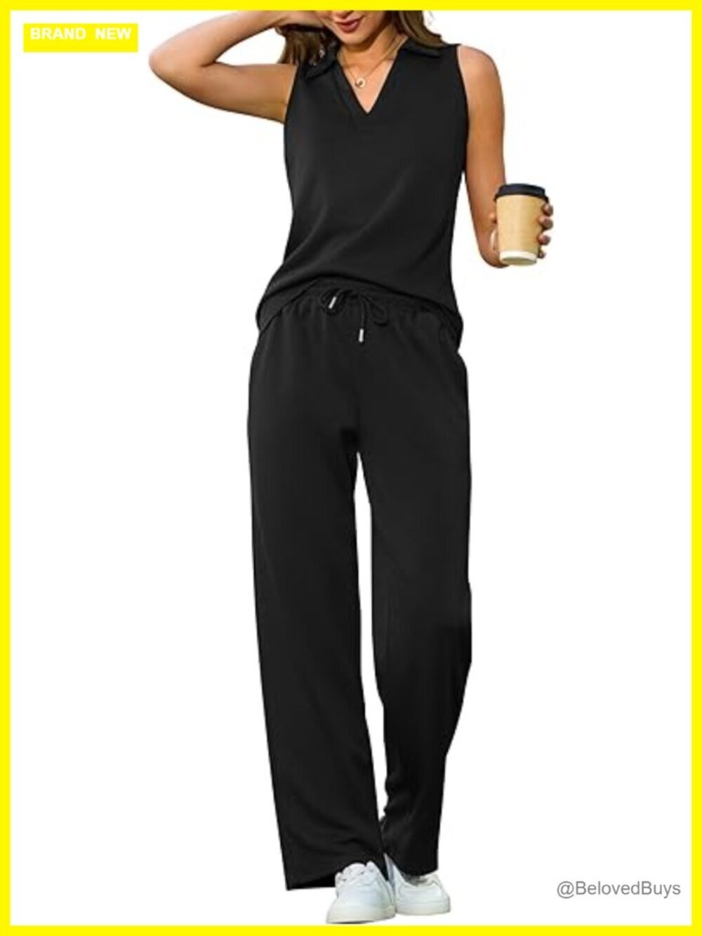 Matching Lounge Set Travel Outfits 2 Piece Sets V-Neck Sleeveless Wide Leg